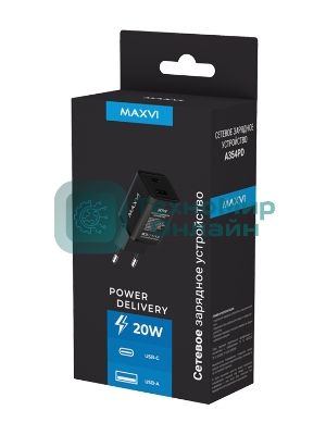 Сетевое зарядное устройство Maxvi A354PD Type-C 20W PD3.0 + USB 2.4A, черный