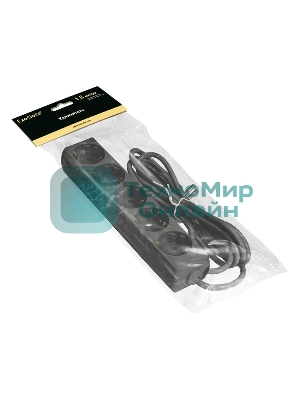 Удлинитель ExeGate ECE-5-1.8B (EX285819RUS), черный, 1,8 м, евровилка с заземлением, 5 евророзеток с заземлением, 2200 Вт