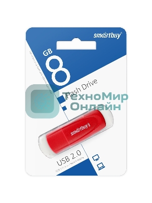 Флешка USB Smartbuy Scout Red (SB008 Gb2SCR), 8Gb, USB 2.0, R/W 15/8, красный