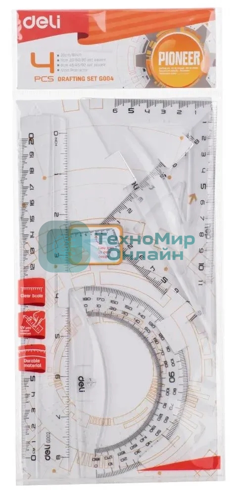 Набор линеек Deli Pioneer EG00412, пластик, прозрачный, в комплекте: линейка 20 см/треугольник 2 шт/транспортир, европодвес