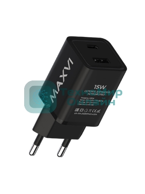 Сетевое зарядное устройство Maxvi A304 Type-C\USB 3A 15W, черный
