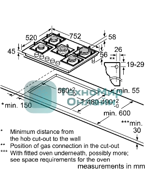 Газовая варочная панель Bosch PPQ7A6I45, 75 см, закаленное стекло, черная, 5 конфорок, 1 WOK-конфорка c 2 контурами пламени, 1 конфорка повышенной мощности, FlameSelect, индивидуальные чугунные решетки, газ-контроль, автоматический электроподжиг, сделано в Испании
