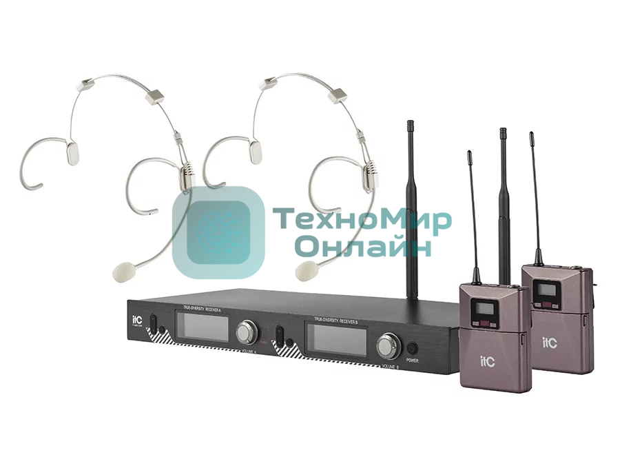 Радиосистема ITC T-521US UHF двухканальная радиосистема с двумя головными микрофонами, LCD дисплей, частотный диапазон 470-510 MHz.