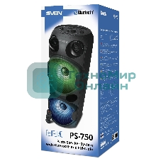 Колонка АС SVEN PS-750, черный (80 Вт, TWS, Bluetooth, FM, USB, microSD, LED-дисплей, 2х4400мА*ч)