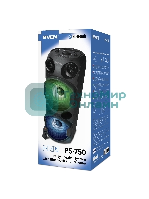Колонка АС SVEN PS-750, черный (80 Вт, TWS, Bluetooth, FM, USB, microSD, LED-дисплей, 2х4400мА*ч)