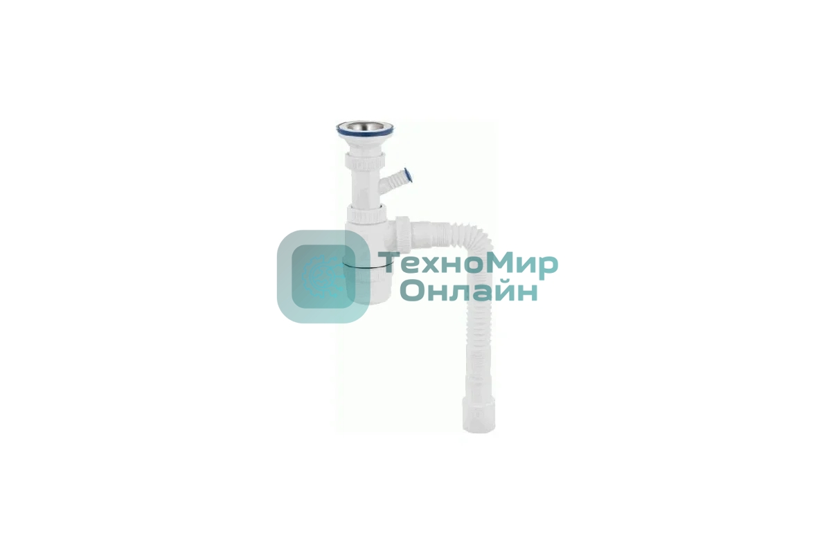 Сифон ЭЛИТ для моек и раковин 1'1/2 x 40/50 мм с нержавеющей чашкой 70 мм, гофротрубой L800 мм и с отводом для стиральной или посудомоечной машины