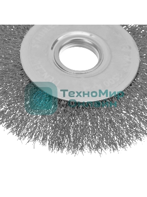 Щетка для УШМ Denzel 125 мм, плоская, витая нержавеющая проволока 0,3 мм, посадка 22,2 мм