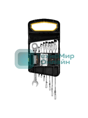 Набор ключей комбинированных трещоточных Denzel 6-19 мм, 8 шт., CrV, матовый хром