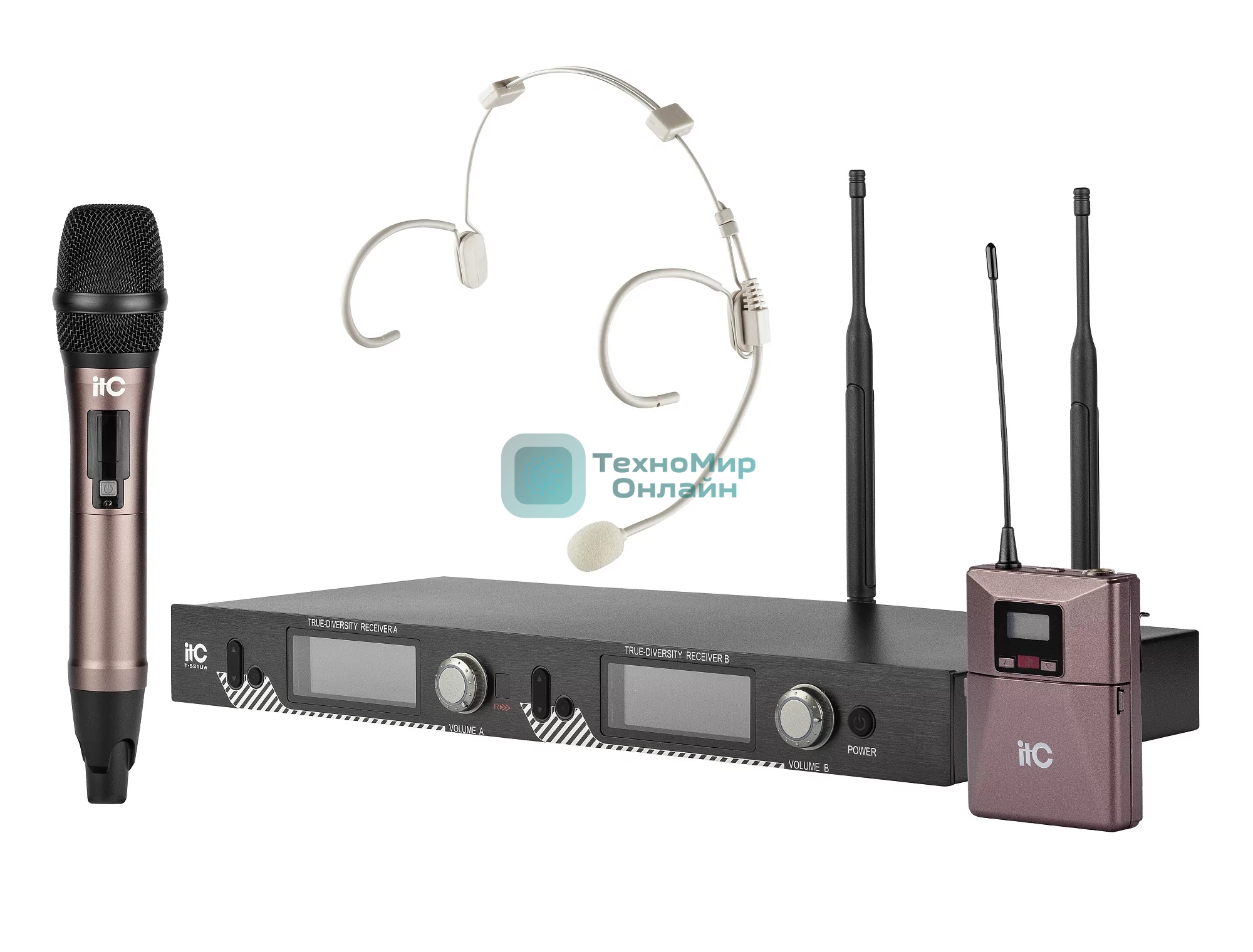 Радиосистема ITC T-521UV UHF двухканальная радиосистема с головным и ручным микрофонами, LCD дисплей, частотный диапазон 470-510 MHz.