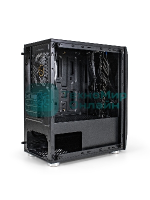 Компьютерный корпус Minitower ExeGate EX294384RUS Mistery R2 (mATX, без БП, 2*USB+1*USB 3.0, аудио, черный, 1 вент. 12см с RGb подсветкой и полоса на передней панели, боковая панель - закаленное стекло)