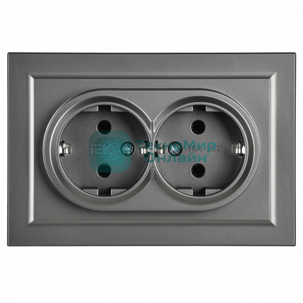 Розетка 2-местная IEK BRITE РС12-3-БрС с заземлением, без защитных шторок, 16А в сборе, сталь
