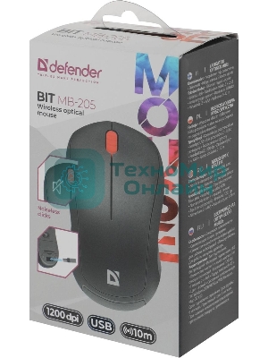 Мышь беспроводная Defender Bit MB-205 черный, 1200 dpi, радиоканал, USB, кнопки - 3