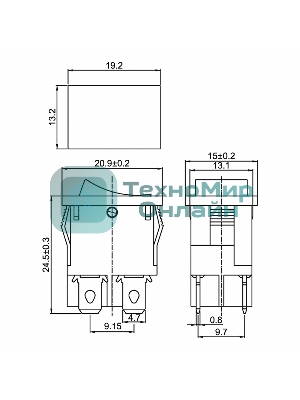 Выключатель клавишный Rexant 250V 6А (4с) ON-OFF синий с подсветкой Mini