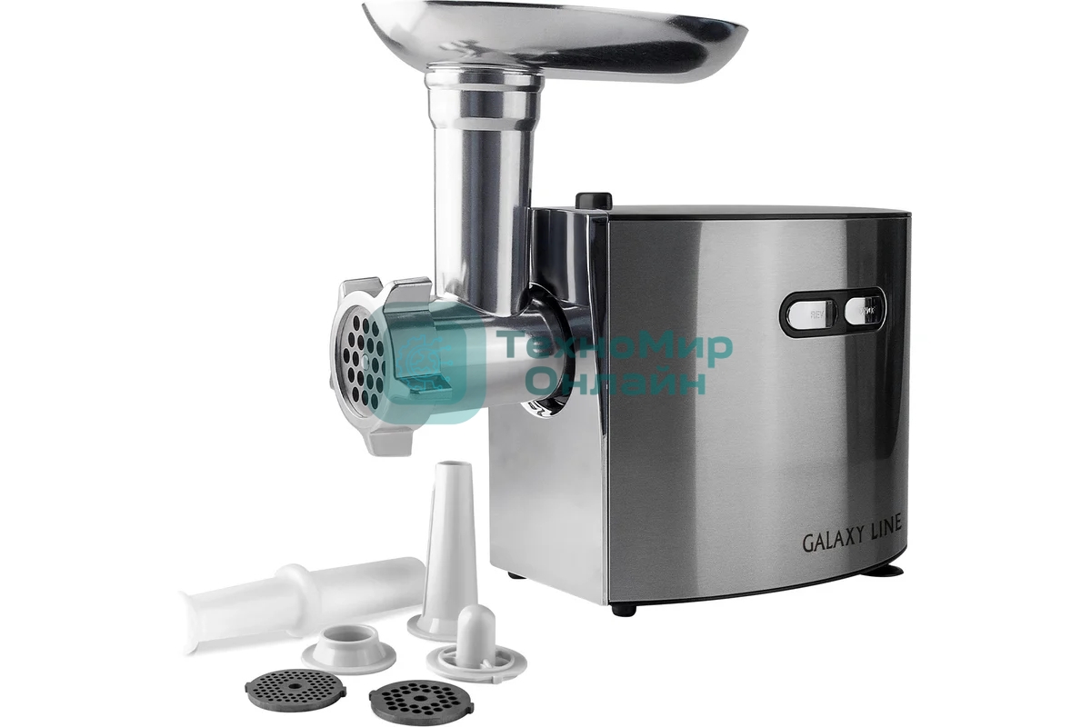 Мясорубка электрическая Galaxy Line GL 2400 серый, 1200 Вт, 1.3 кг/мин, реверс, защита от перегрузки, металлический лоток, насадки - 5