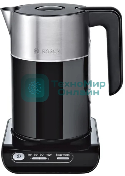 Электрочайник Bosch TWK8613P черный, 1.5 л, 2400 Вт, скрытый нагревательный элемент, поддержание температуры