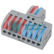 Клемма Rexant СМК 2х4 проходная разветвительная 2 полюса, с монтажной площадкой (1 ввод, 4 вывода на полюс) (25 шт/уп)