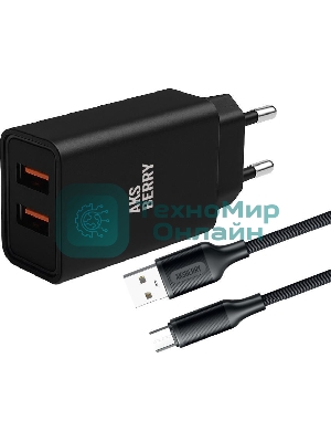 Сетевое зарядное устройство AKSBERRY (6900209220015) T38 2 USB 2.4A + кабель MicroUSB, черный