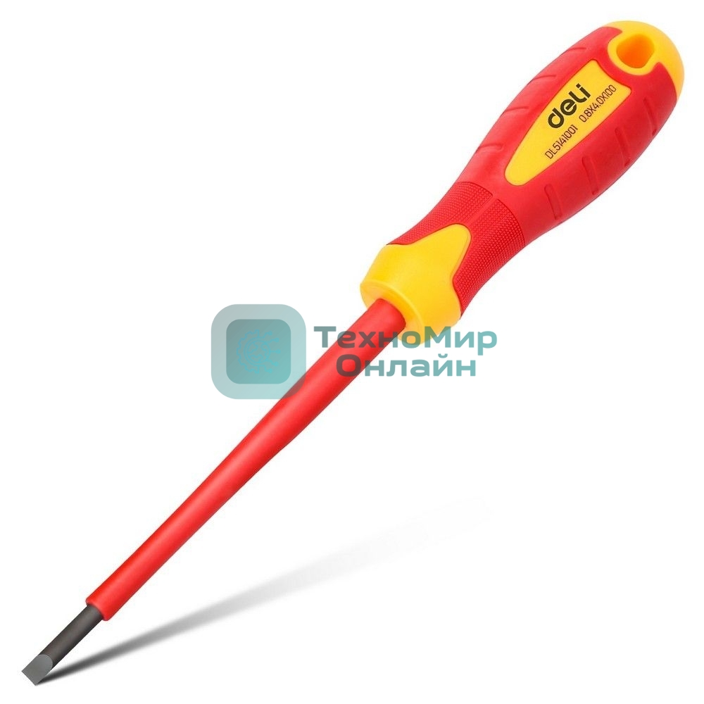 Диэлектрическая шлицевая отвертка Deli DL5141001 4х100 мм сталь Cr-V, сертификат VDE для работ под напряжением до 1000 В.