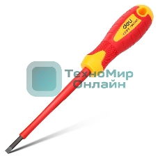 Диэлектрическая шлицевая отвертка Deli DL5141001 4х100 мм сталь Cr-V, сертификат VDE для работ под напряжением до 1000 В.