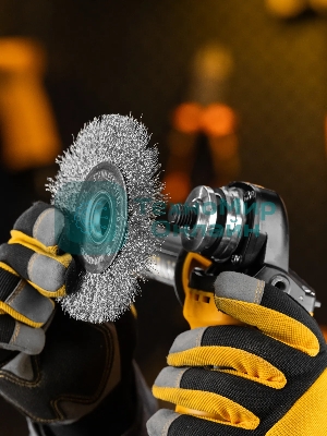 Щетка для УШМ Denzel 125 мм, плоская, витая нержавеющая проволока 0,3 мм, посадка 22,2 мм