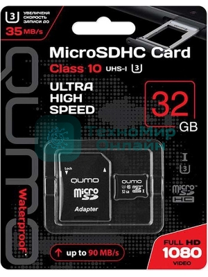 Флеш карта QUMO MicroSDHC 32Gb Сlass 10 UHS-I U3,3.0, адаптер в комплекте SD, черно-красная картонная упаковка (QM32GMICSDHC10U3)