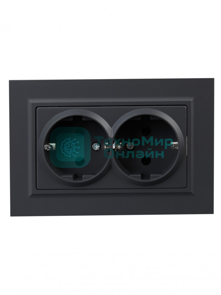 Розетка 2-местная IEK BRITE РС12-3-БрГ с заземлением, без защитных шторок, 16А в сборе, графит