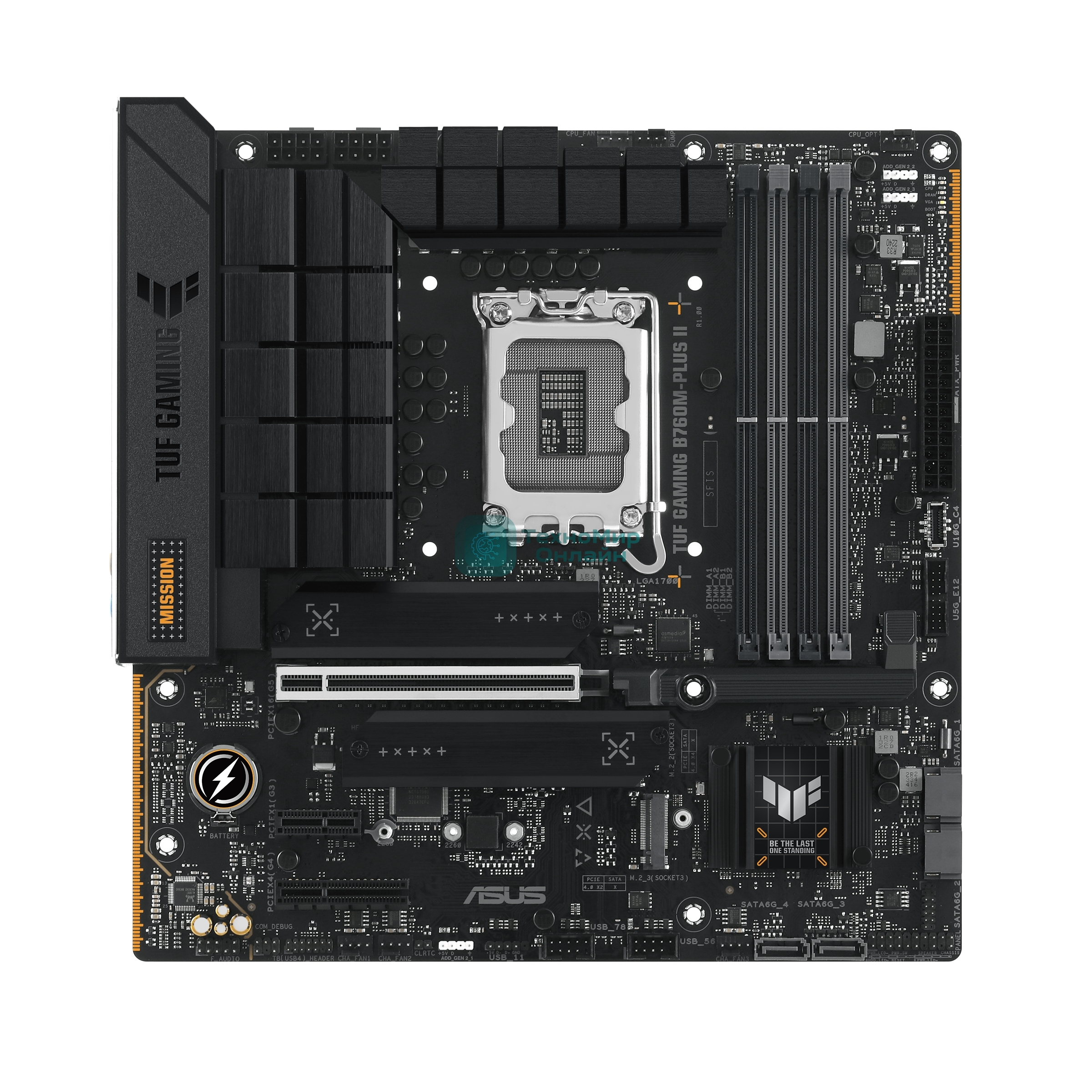 Материнская плата ASUS TUF GAMING B760M-PLUS II, LGA 1700, Intel B760, 4xDDR5, 4xSATA, 3xM.2, 1xPCIe 5.0 x16, 1xPCIe x4, 1xPCIe x1, 1xUSB-A 3.2 Gen 2, 2xUSB-A 3.2 Gen 1, 4xUSB 2.0, 1xUSB-C 3.2 Gen 2x2, 1x2.5Gb LAN, 5x3.5 мм, 7.1, mATX