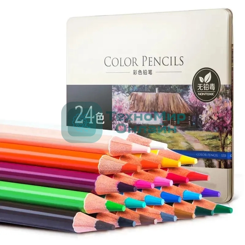 Карандаши цветные Deli 6565, акварельные, круглый профиль, липа, цветной корпус 24 цвета, металлическая коробка