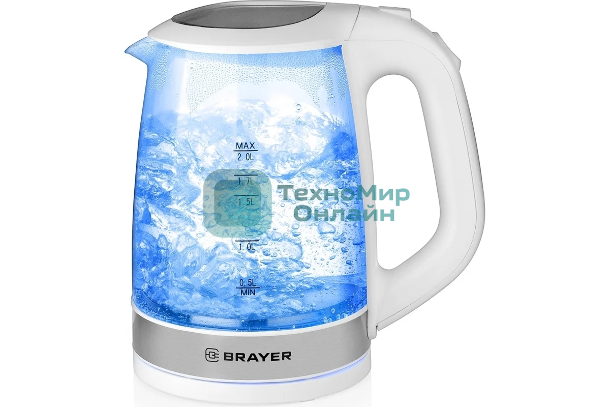 Чайник электрический BRAYER BR1040WH 2220 Вт, 2 л, стек л, белый.
