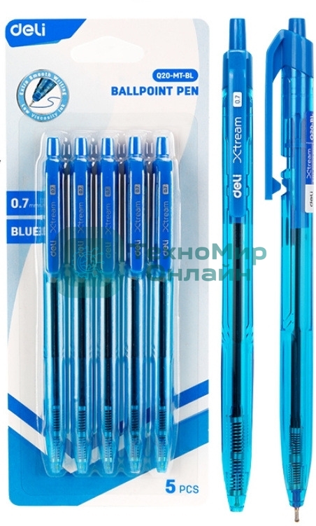 Набор ручек шариковых Deli (EQ20-MT-BL) синий полупрозрачный, d=0.7мм, синие чернила, блистер с европодвесом (5шт) 5 ручек