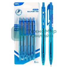 Набор ручек шариковых Deli (EQ20-MT-BL) синий полупрозрачный, d=0.7мм, синие чернила, блистер с европодвесом (5шт) 5 ручек