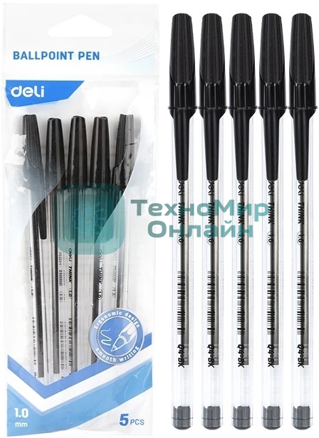 Набор ручек шариковых Deli Think EQ4-MT-BK прозрачный/черный, d=1мм, черные чернила, индивидуальный пакет с европодвесом (5шт) круглая