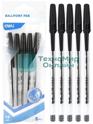Набор ручек шариковых Deli Think EQ4-MT-BK прозрачный/черный, d=1мм, черные чернила, индивидуальный пакет с европодвесом (5шт) круглая