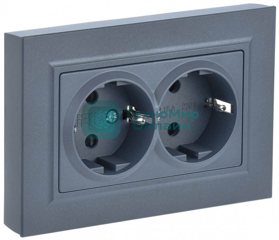 Розетка 2-местная IEK BRITE РСш12-3-БрМ с заземлением, с защитными шторками, 16А в сборе, маренго