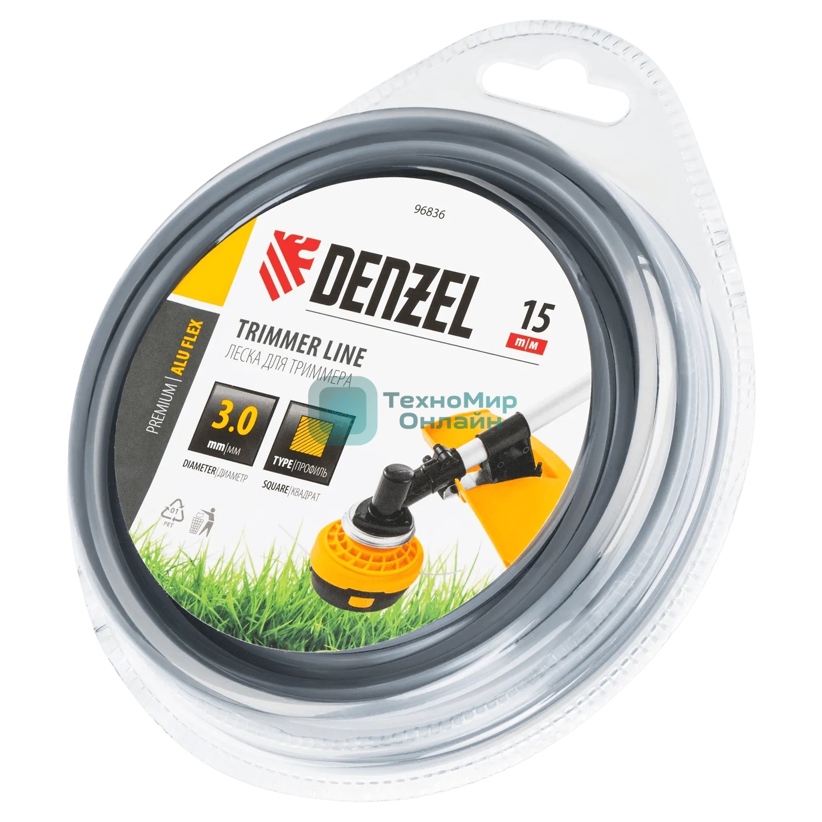 Леска для триммера Denzel армированная алюминием квадратная, 3,0мм х 15м, блистер ALUFLEX