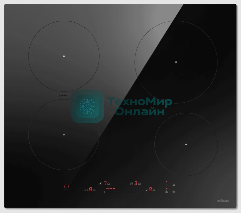 Индукционная варочная панель Elica, 60 см, слайдерное управление, 4 конфорки, таймер, режим подогрева, пауза, Bridge zone, защита от детей, черный
