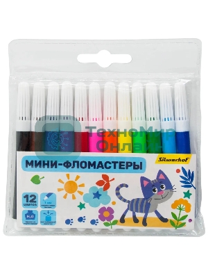 Фломастеры Silwerhof Веселые друзья 8мм 88мм, круглый корпус, вентилируемый колпачок, 12 цветов, пакет с европодвесом