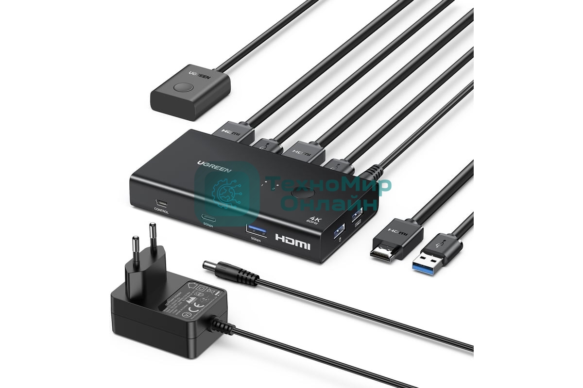 Переключатель UGREEN AK502 45452_ HDMI 2.0 KVM Switch 2 In 1 Out. цвет: черный