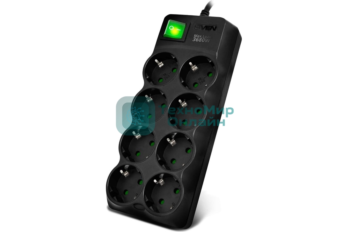 Сетевой фильтр SVEN SF-08E-16 (1,8 м 8 розеток с защитными шторками,16А) черный, цветная коробка