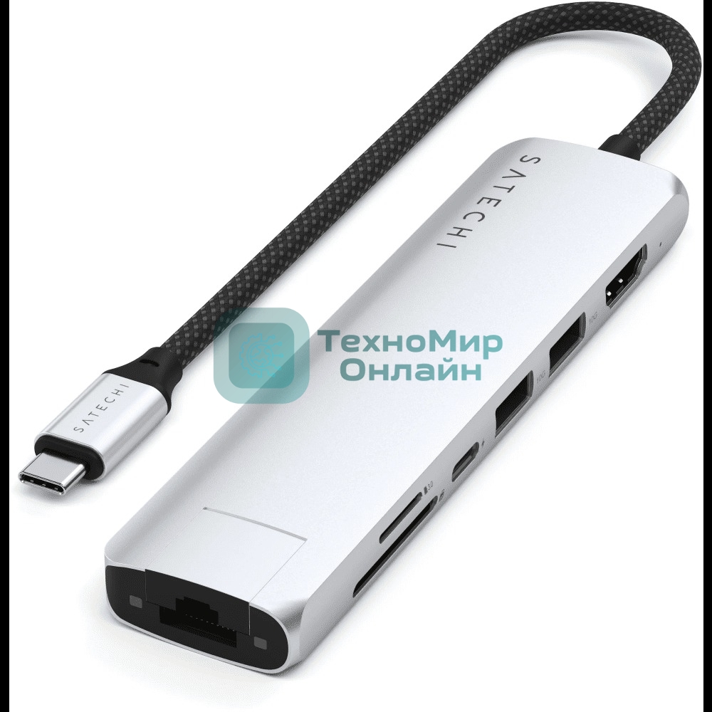 Док-станция (USB-хаб) Satechi ST-P7SS 7-in-1 USB-C Slim Multiport Adapter with Ethernet (Type-C,HDMI, 2xType-A, SD,microSD, RJ-45), до 80 Вт серебристый