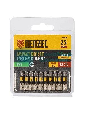 Набор бит торсионных Denzel PZ1x25 мм, лазерная обработка шлица, сталь S2, 10 шт.