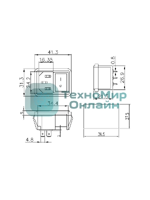 Выключатель клавишный Rexant 250V 10А (4с) ON-OFF красный с подсветкой и штекером C14 3PIN