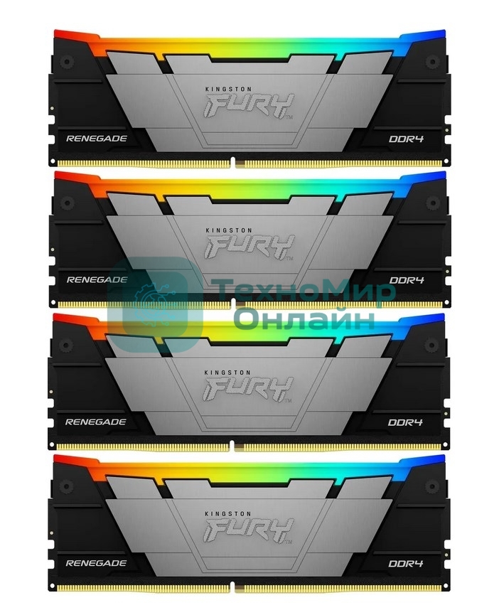 Оперативная память Kingston Fury Renegade, DDR4, 128Gb (4x32Gb), 3600MHz, CL18, DIMM, радиатор, RGB, черный/серебристый