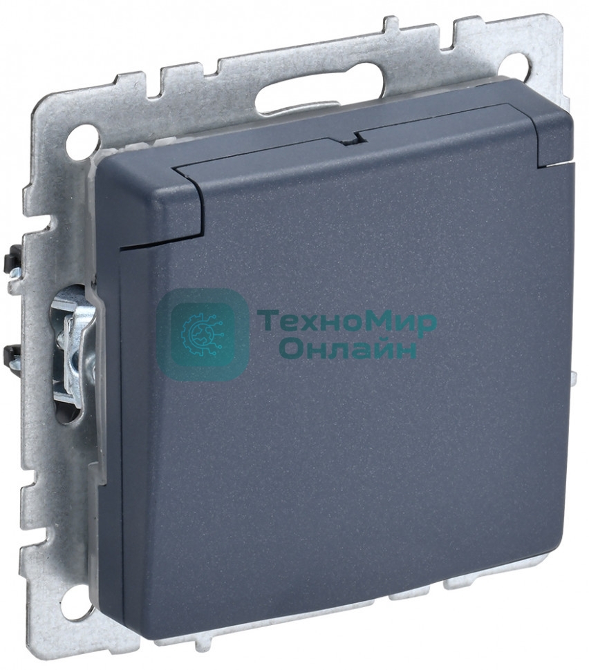 Розетка 1-местная IEK BRITE РСбш10-3-44-БрМ с заземлением, с защитными шторками и крышкой, 16А, IP44, маренго