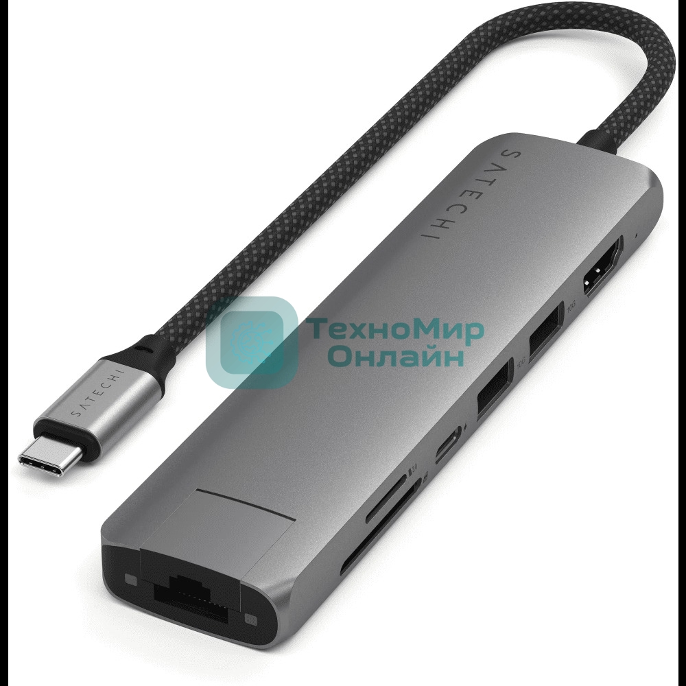 Док-станция (USB-хаб) Satechi ST-P7SM 7-in-1 USB-C Slim Multiport Adapter with Ethernet (Type-C,HDMI, 2xType-A, SD,microSD, RJ-45), до 80 Вт серый