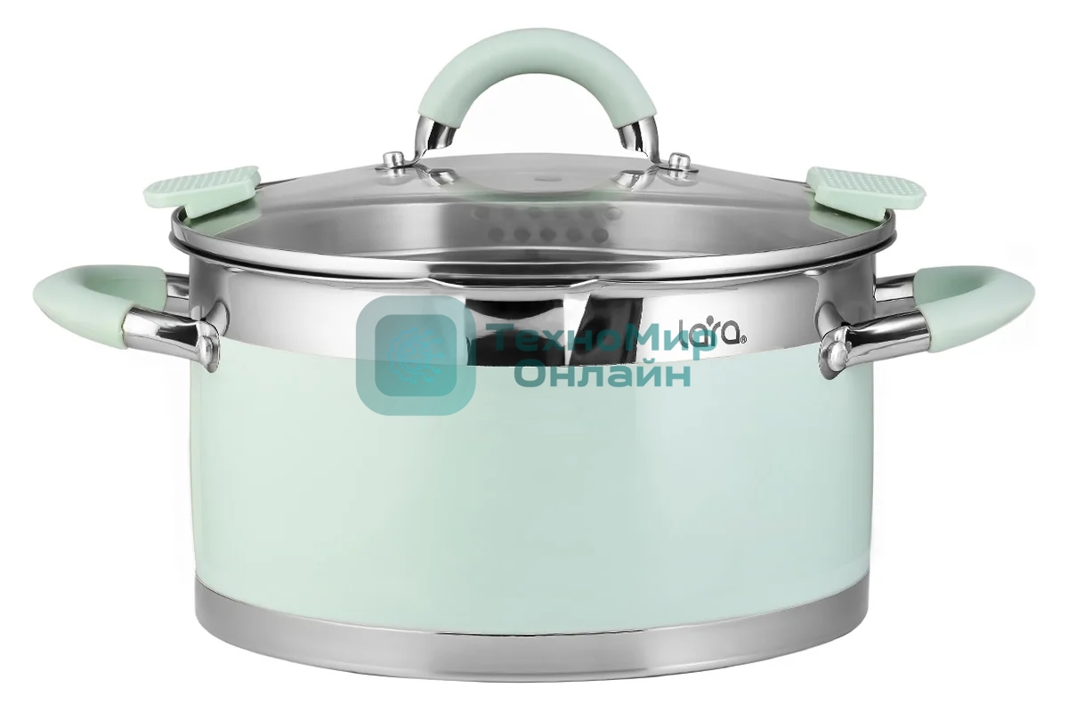 Кастрюля LARA LR02-540 MINT 16x9 см, 1,7 л, носик, индукционное дно, крышка с бортом, полипропилен, силикон, нержавеющая сталь