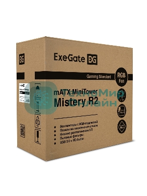 Компьютерный корпус Minitower ExeGate Mistery R2-NPX600 (mATX, БП 600NPX с вент. 12 см, 2*USB+1*USB 3.0, аудио, черный, 1 вент. 12см с RGb подсветкой и полоса на передней панели, боковая панель - закаленное стекло)