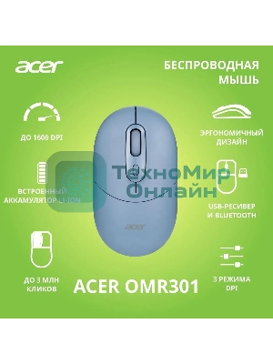 Мышь беспроводная Acer OMR301 синий, 1600 dpi, радиоканал, Bluetooth, USB, кнопки - 4