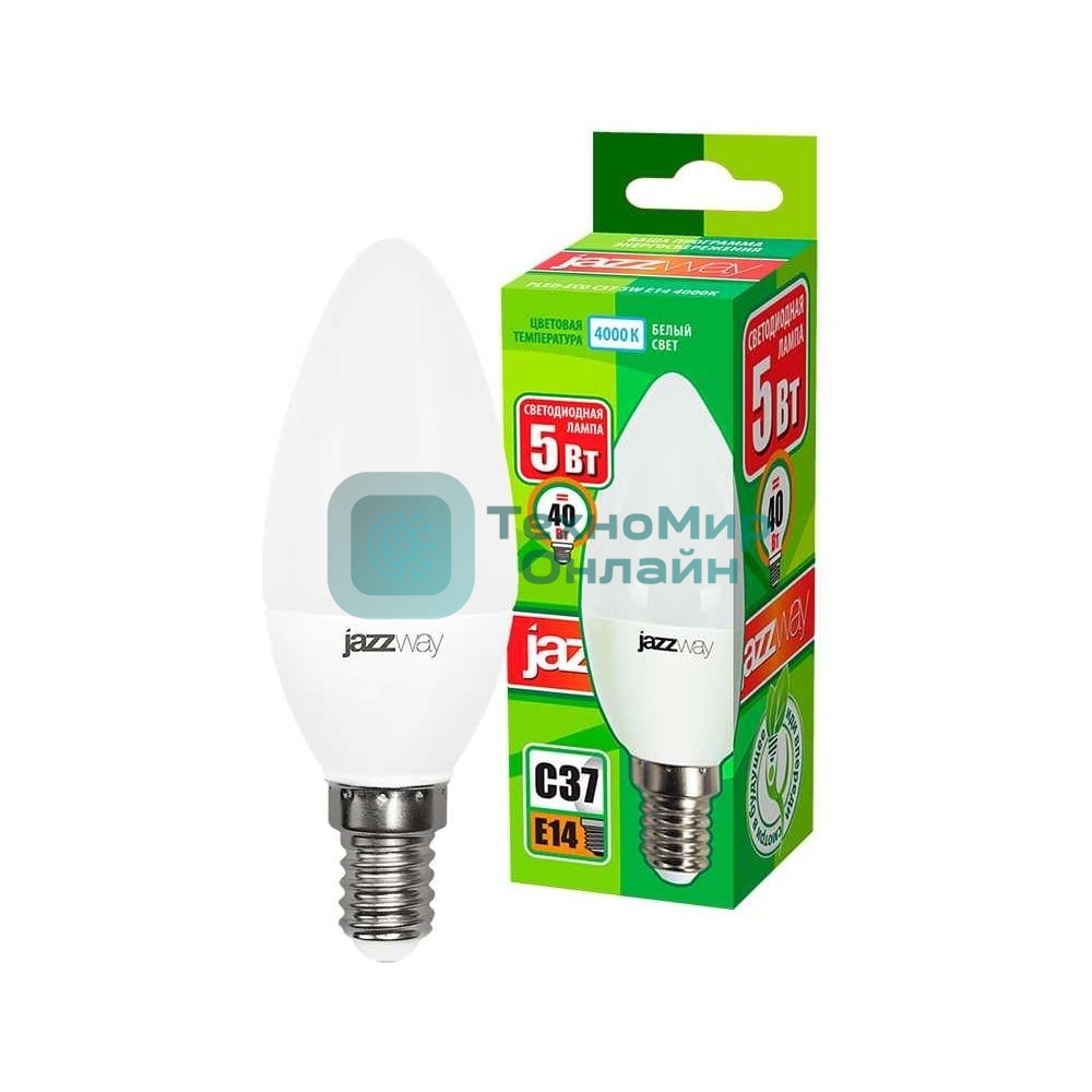 Лампа светодиодная JazzWay PLED-ECO-C37 5Вт свеча 4000К белый E14 400лм 220-240В