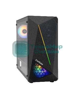 Компьютерный корпус Miditower ExeGate EVO-8225-EVO800 (ATX, БП EVO800RGb с вент. 12см, 2хUSB+1хUSB 3.0, черный, 2 вент. с RGb подсветкой и полоса на передней панели, боковая панель - закаленное стекло)